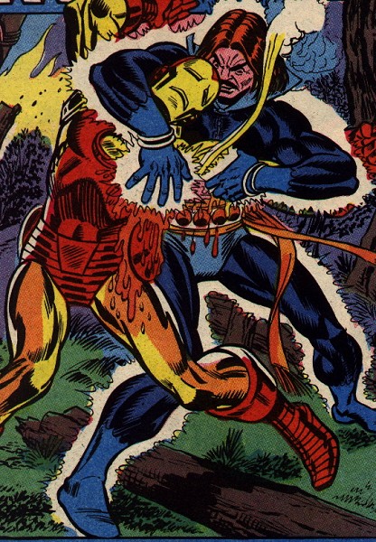 Raga is overheating Iron Man's armon with his embrace - by Gil Kane