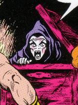 Madame La Morte screams at Marvel Boy from her coffin